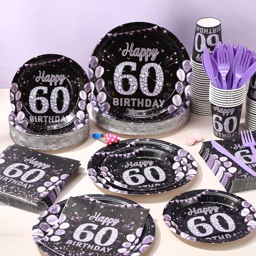 Pickmesh 400 Pcs 60th Birthday Party Supplies Purple Black Plates Serve 50 - Image 6