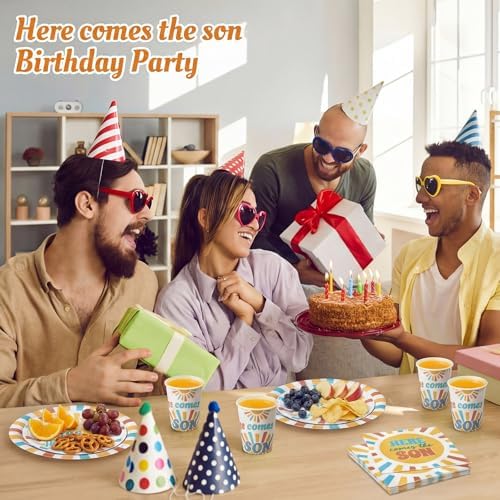 Ziliny 250 Pcs Here Comes The Son Baby Shower Party Decorations Boho Sun Rainbow Disposable Paper Plates Napkins and Cups Tableware Set for Sunshine Boy Baby Shower Party Supplies, Serves 50 - Image 4