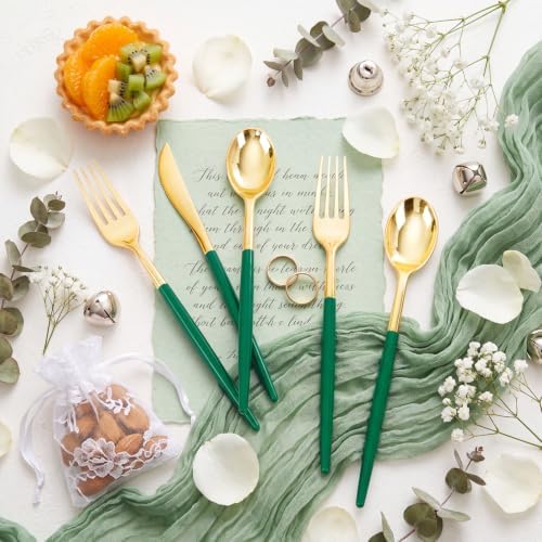Supernal 102Pcs Gold Green Disposable Plastic Cutlery Set For Party Events - Image 2