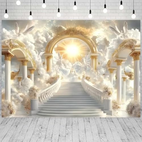 Golden Heaven Sent Theme Banner Paradise Stairway Holy Light White Dove Floral Angel Easter Background Heaven Sent Baby Shower Church Event Banners Christian Religious Backdrop(Gold, 8 * 6feet) - Image 3