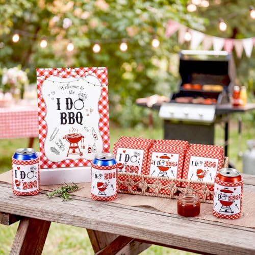 I Do BBQ Party Decorations Set 36 Pcs 12 oz Wedding Can Cooler Sleeves Bulk with Wooden Sign Rustic Red Gingham Theme BBQ Bridal Shower Decorations for Wedding Engagement Bachelorette Party - Image 5