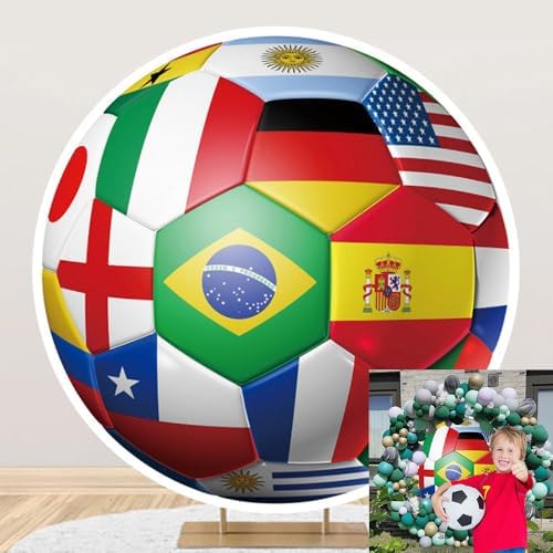 Soccer Ball Round Backdrop Cover Soccer Sports Theme Round Arch Backdrop Cover International World Flags Football Birthday Party Decorations Photography Background for Men Fans Kids Boys 7.2ft by OERJU