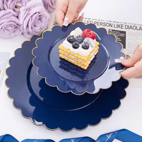 LIYH 60 Pcs Navy Blue Plastic Scalloped Plates with Gold Rim, Blue and Gold Disposable Patriotic Plates for Party Included 30 Dinner Plate 10.25 30 Dessert Plate 7.5 Inch for Party - Image 6