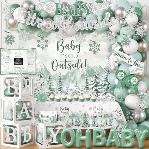 Baby It’s Cold Outside Baby Shower Decorations, Green Winter Baby Shower Decorations Winter Wonderland Tablecloth Banner Backdrop Balloon Box Cupcake Topper Hanging Swirl for Boy Girl Gender Reveal by CMUSKO