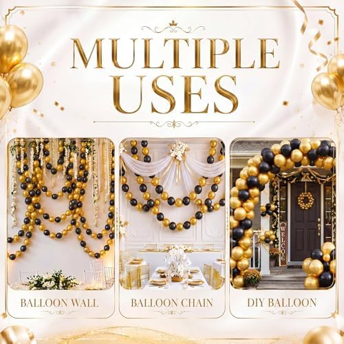 Gejoy 200 Pcs Link Balloons Latex Party Decor,Metallic Gold,Black,10 Inch - Image 6