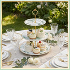 Lallisa 3 Tier Greenery Dessert Stand 10", 9" and 7" Ceramic Sage Green Eucalyptus Tiered Serving Tray with Gold Rack, Round Cupcake Display Tower for Wedding Baby Bridal Shower Tea Party Decoration - Image 3