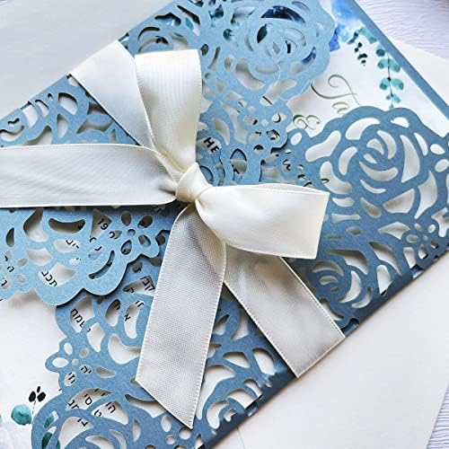 50Pcs Personalized Dusty Blue Wedding Invitations Cards Kits 5'' x 7.3'' Laser Cut Hollow Rose Flora Pocket with Envelopes for Wedding Bridal Shower Quinceanera Invite - Image 6