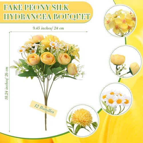 Tigeen 12 Bundles Peonies Artificial Flowers Faux Roses, Light Yellow - Image 2