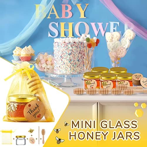 50 Pcs 1oz Small Glass Jars with Lids Mini Honey Jars with Wood Dipper, Bee Charms, Golden Gift Bags, Jutes, and Tags with Golden Lids for Baby Shower, Wedding, and Party Favors - Image 6