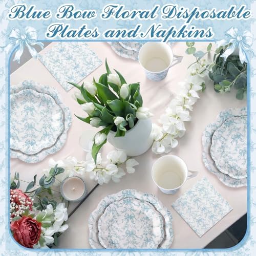 Pickmesh 252 Pcs Blue Bow Floral Tea Party Supplies for 36 Guests Flower Paper Disposable Dinnerware Flower Teacup with Handle and Saucers Set for Tea Party Decorations Birthday Baby Shower Wedding - Image 5