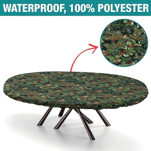 A Winter's Day Fabric Collection - Winter Chickadees Dark Teal Print Oval Table Cloth Wipeable Spillproof Elastic for Dining Table Buffet Parties and Camping Fits for 48" x 68" Oval Table - Image 2
