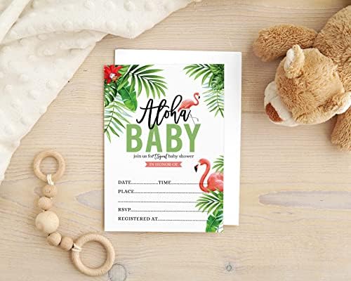 Pack of 30, Girl Baby Shower Party Collection, Baby Shower Invitation Cards, Fill in the Blank Invites WIth Envelopes, Tropical Leave & Flamingo Theme Party Supplies - Image 5
