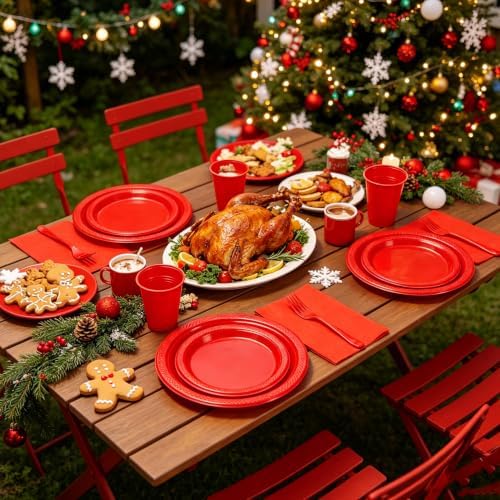 250Pcs Red Plastic Party Plates and Napkins Set for Birthday, Christmas - Image 5
