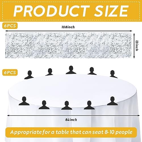 Newwiee 12 Pack Round Plastic Tablecloth Sequin Runner Set, Silver, White - Image 2