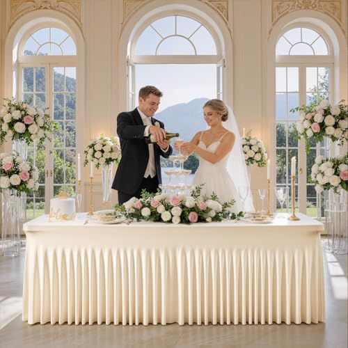 Champagne Table Cloth for 8 Foot Rectangle Tables Fitted Stretch Spandex Table Cover with Skirt 8ft Baby Shower Birthday Party Banquet Ruffle Tablecloth Wedding Table Cloths Desk Skirt, 4 Pack - Image 5