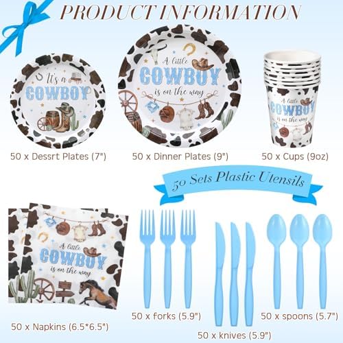 Ziliny 350 Pcs Western Cowboy Baby Shower Party Supplies a Cowboy Is on the Way Baby Shower Paper Plates Napkins Cups Disposable Western Party Tableware Plastic Cutlery Serves 50 Guest - Image 2