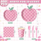 400 Pcs Apple Party Decorations Supplies Serve 50, Back to School Apple Paper Plates Napkins Cups Pink Checkerboard Disposable Tableware Set for Last/ First Day of School Party - Image 3