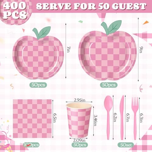 400 Pcs Apple Party Decorations Supplies Serve 50, Back to School Apple Paper Plates Napkins Cups Pink Checkerboard Disposable Tableware Set for Last/ First Day of School Party - Image 3
