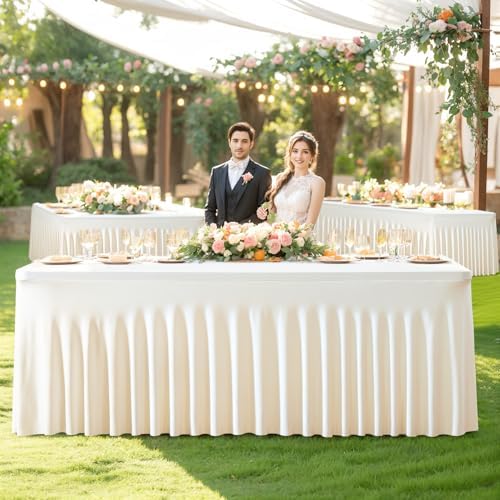 Besutolife Ivory Table Skirt 8ft Spandex Tablecloth for Rectangle Table Banquets Parties Wedding Dining Table 8ft - Image 2