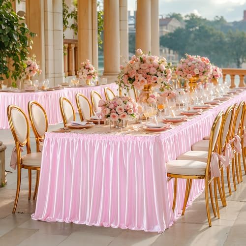 Wish Care 14ft Pink Satin Table Skirt for Rectangle Tables Wrinkle Free Teacher Desk Skirt Glitter Ruffle Table Skirting Cloth for Back to School Classroom Office Dorm Girls Birthday Party Table Decor - Image 6