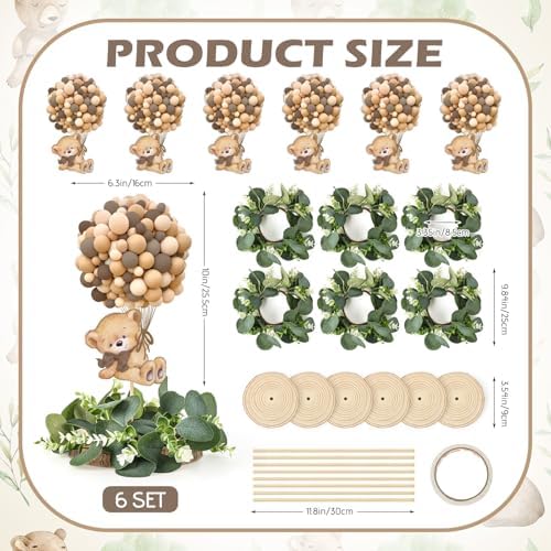 6 Set Baby Shower Bear Table Centerpieces Decortion Brown Bear with Eucalyptus Wreath Wood Slices Welcome Baby Table Toppers for Gender Reveal Boy Or Girl Party Favor - Image 2