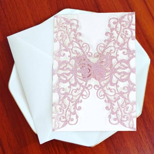 50Pcs Glitter Pink Lace Floral Laser Cut Wedding Invitation Cards Only with Butterfly, for Bridal Shower Engagement Quinceañera Wedding - Image 5