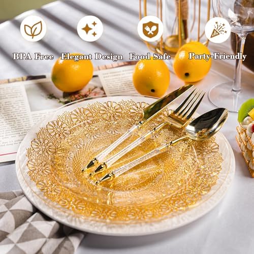 HOMIP 120PCS Clear Gold Plastic Plates with Gold Lace Design, Disposable Retro Plates Include 60PCS 10" Dinner Plate & 60PCS 7" Dessert Plate Perfect for Party Wedding and Holiday - Image 3