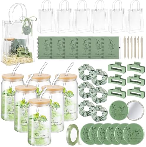 Zeyune 6 Sets Baby Shower Prizes for Wedding Bridal Shower Gifts Party Favors Including Glass Notebooks Ballpoint Pen Mirror Hairpins Hair Bands Gift Bag Thank You Cards(Green,Classic) by Zeyune