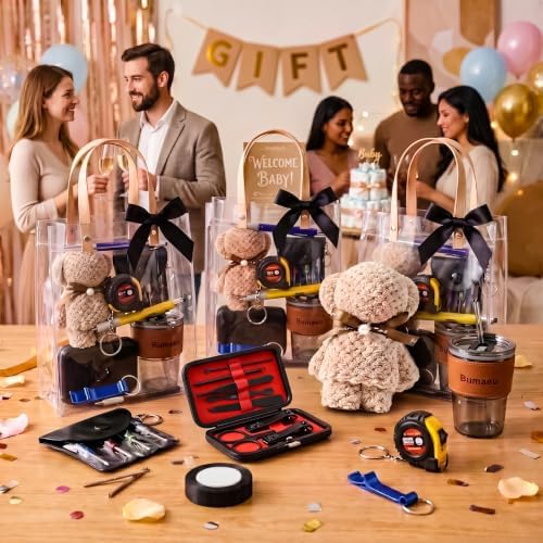 4 Sets Baby Shower Prizes for Men with Nail Clippers Towels Bottle Opener Cups Pens Tape Measure Screwdriver Ribbons Gift Bags Applicable Baby Shower Prizes for Game Winners - Image 2