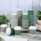 Whaline 100 Pcs Sage Green Disposable Espresso Cups with Lids 4 Oz Gradient Green Paper Cups Corrugated Ripple Wall Insulated Hot Cup for Home Office Party Supplies - Image 4