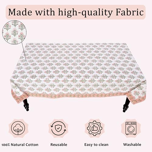 Ridhi Mughal Buta Peach Hand Block Print Cotton Tablecloth 120 x 80 Inch - Image 3