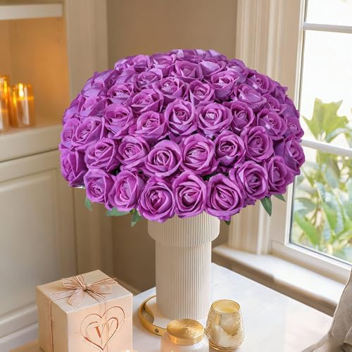 50 PCS Fuchsia Roses Artificial Flowers, Fake Roses with Stem Realistic Silk Roses for DIY Wedding Bouquets Table Centerpieces Arrangements Baby Shower Birthday Home Decor Valentine's Day Gift for Her - Image 3