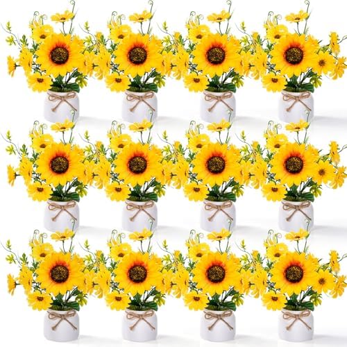 Zeyune Artificial Sunflower Potted Plants Rustic Wedding Table Centerpieces Summer Spring Kitchen Silk Yellow Flower with Plastic Pot for Home Bathroom Office Bridal Shower(12 Pcs,White,Daisy) by Zeyune