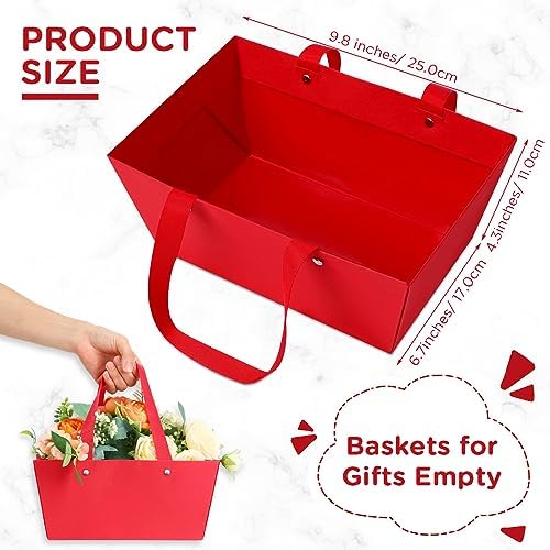 Tuanse 30 Pcs Basket for Gift Empty DIY Bulk Gift Basket Kit with Handle Kraft Cardboard Tray with 30 Bag 30 Bow Market Tray for Wedding Party, Red, 9.8 x 6.7 x 4.3 in - Image 2