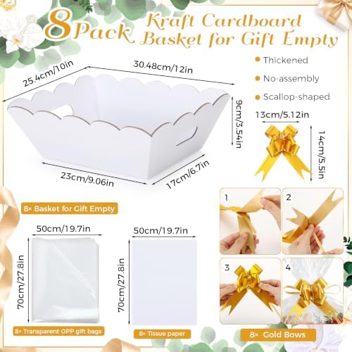 Fuyoooo 8 Pack White Baskets for Gifts Empty to Fill, Sturdy 10" x 12" Scalloped Edged Empty Gift Basket Kit Bulk with Handles, 8 Wrap Bags, 16 Tissue Paper and 8 Bows for Wedding Party - Image 2