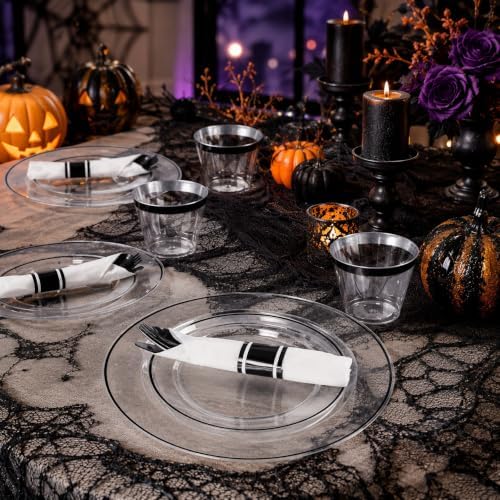 SUT 175 Pcs Black and Clear Plastic Dinnerware Set for 25 Guests, Include: 25 Dinner Plates, 25 Dessert Plates, 25 Pre Rolled Napkins With Silverware, 25 Cups, Disposable Plates for Party - Image 4