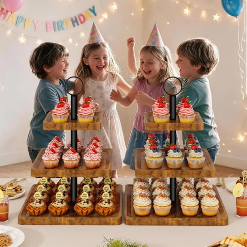 IBUYKE 3 Tier Square Cupcake Stand, Set of 2,Rustuc Brown TLJ030H-2 - Image 2
