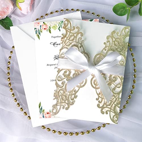 ponatia 25PCS 5.12 x 7.1 '' Champagne Glitter Laser Cut Wedding Invitations Cards with Envelopes for 5x7 Invitation Cards Wedding Baby Bridal Shower Engagement Sweet 16 Birthday Invite - Image 4