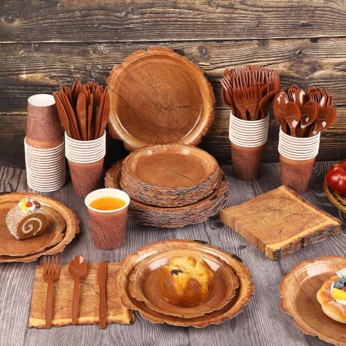 durony 350 Pieces Wood Grain Slice Party Tableware Set - Image 4