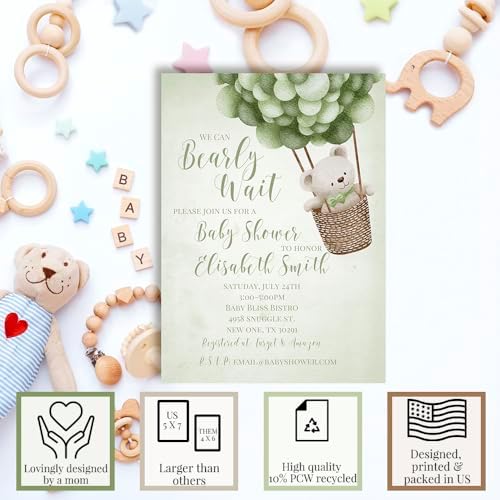 Amanda Creation Teddy Bear Baby Shower Invitations, 20 Personalized 5x7 Green Teddy Bear Baby Shower Invitations with Envelopes, Sage Design - Image 2