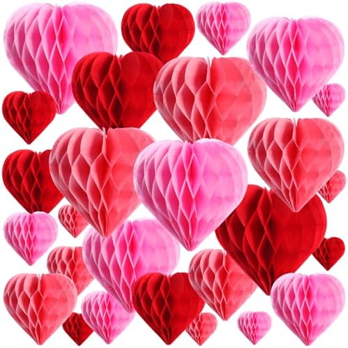 Seajan 60 Pcs Valentine Heart Honeycomb Party Decorations Red Pink White Tissue Paper Heart Shaped Pom Poms Decoration Valentine Hanging Decorations for Birthday Wedding Baby Shower by Seajan