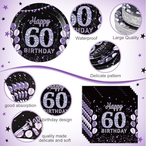 Pickmesh 400 Pcs 60th Birthday Party Supplies Purple Black Plates Serve 50 - Image 2