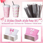 Jingmore 100 Set Pink Bow Coffee Cups with Lids, Straws and Sleeves Pink Bowknot Disposable Drinking Cup for Wedding Coquette Birthday Baby Shower Bachelorette Party Supplies (16 oz) - Image 7