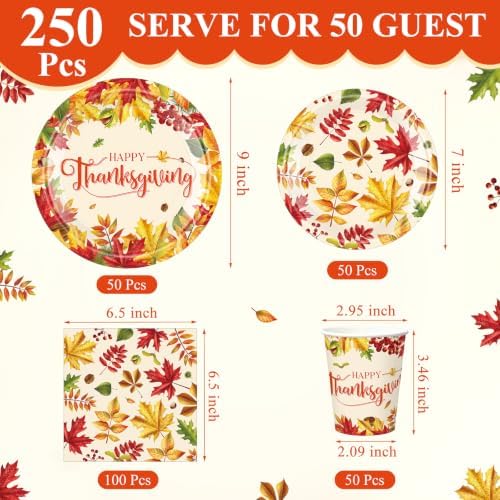 400 Pcs Happy Thanksgiving Party Decorations for 50 Guests, Watercolor Maple Leaf Paper Plates Napkins Cups Cutlery for Fall Thanksgiving Give Thanks Harvest Party Supply - Image 2