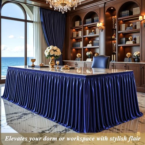 17ft Navy Blue Satin Table Skirt for Rectangle Table Teacher Desk Skirt - Image 7