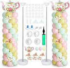 2 Sets Tea Party Balloon Column Stand Kit with Let's Partea Backdrop & 100 Balloons Adjustable Balloon Tower Stand with Bases for Girls Birthday Baby Bridal Shower Garden Party Decor Supplies by EYNDYN