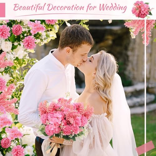 Zeyune 8 Pcs 13.4 Inch Artificial Flowers Bouquet,Peony,Hot Pink - Image 4