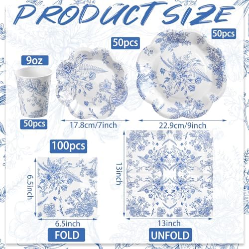 Newtay 250 Pcs Blue Floral Disposable Paper Plate Napkins - Image 2