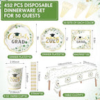 Funnymoom 452 Pcs Class of 2026 Sage Green Graduation Decoration Party Supply for 50, Green Gold Eucalyptus Congrats Grad Paper Plates Napkins Cup Tablecloth Cutlery for Freshly Graduated Decoration - Image 2