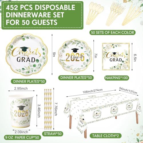 Funnymoom 452 Pcs Class of 2026 Sage Green Graduation Decoration Party Supply for 50, Green Gold Eucalyptus Congrats Grad Paper Plates Napkins Cup Tablecloth Cutlery for Freshly Graduated Decoration - Image 2